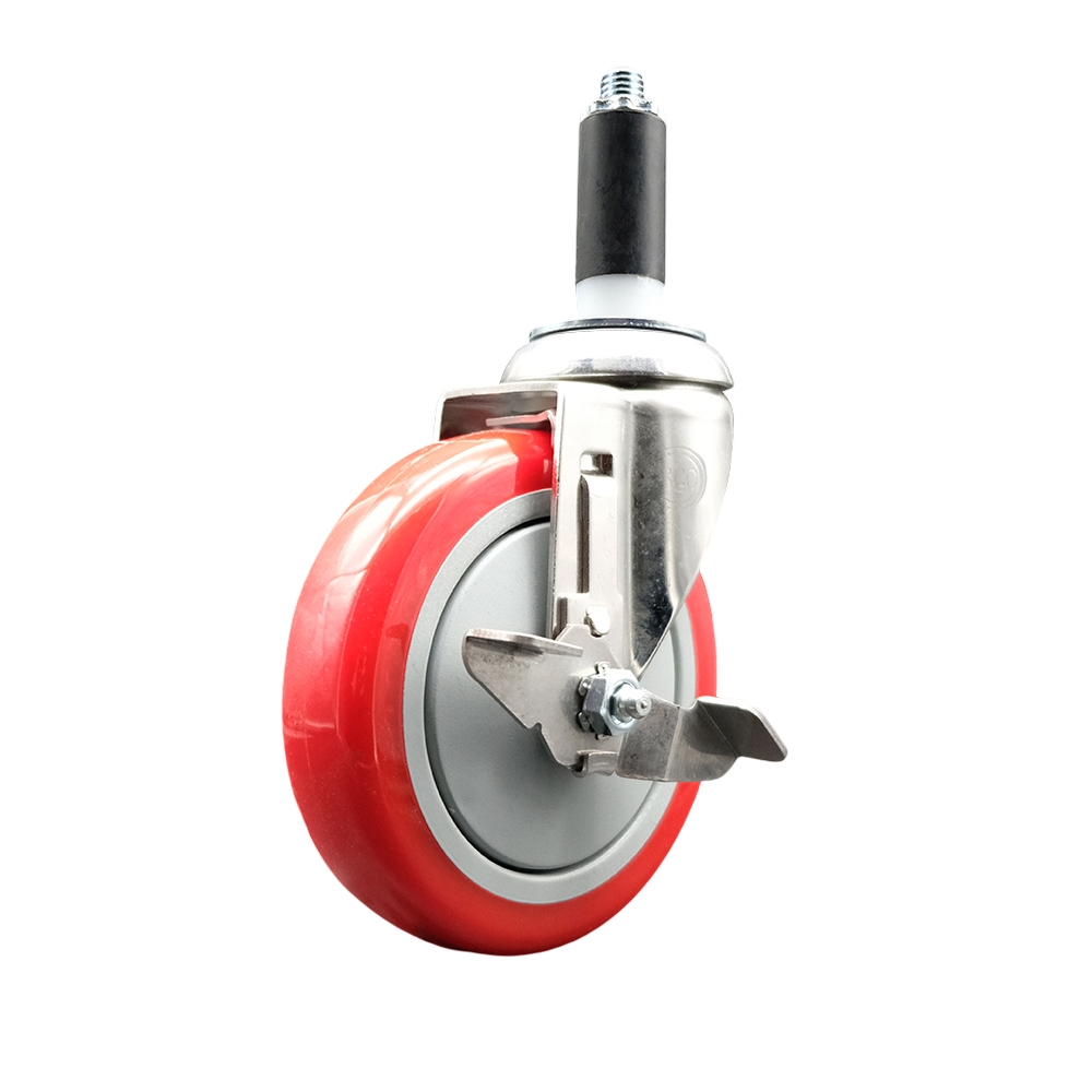 Polyurethane Swivel Stem Caster with 5 Inch Red Caster Wheel and Top Lock Brake - 1" Expanding Stem - 316 Stainless Steel Caster - 350 lbs. Capacity Per Caster - Service Caster Brand — photo 1