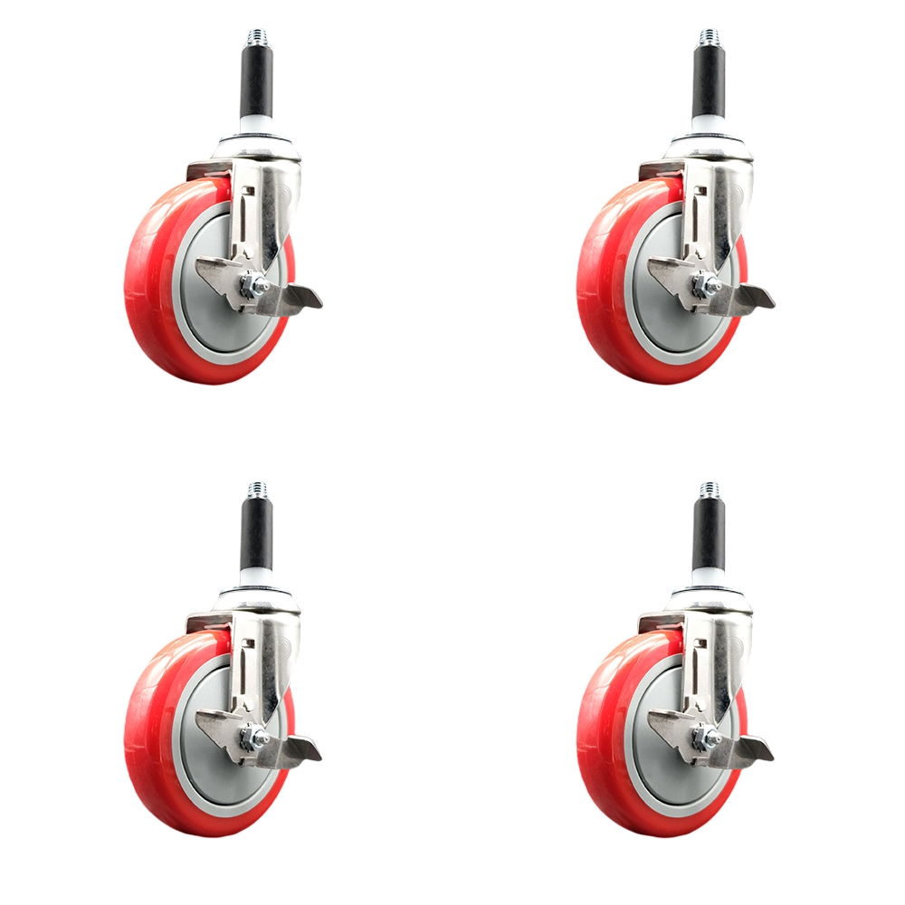 Polyurethane Swivel Stem Caster Set of 4 with 5 Inch Red Caster Wheels - 3/4" Expanding Stems - 316 Stainless Steel Casters - Includes 4 Swivel Casters with Top Lock Brakes - Service Caster Brand — photo 1