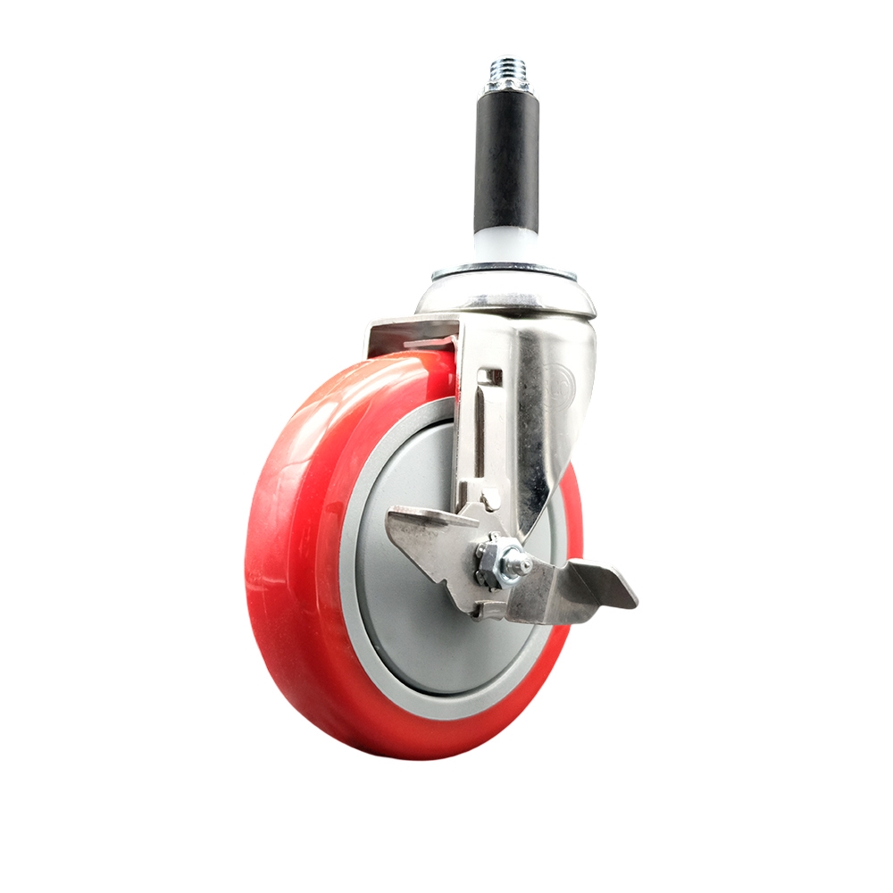 Polyurethane Swivel Stem Caster with 5 Inch Red Caster Wheel and Top Lock Brake - 3/4" Expanding Stem - 316 Stainless Steel Caster - 350 lbs. Capacity Per Caster - Service Caster Brand — photo 1