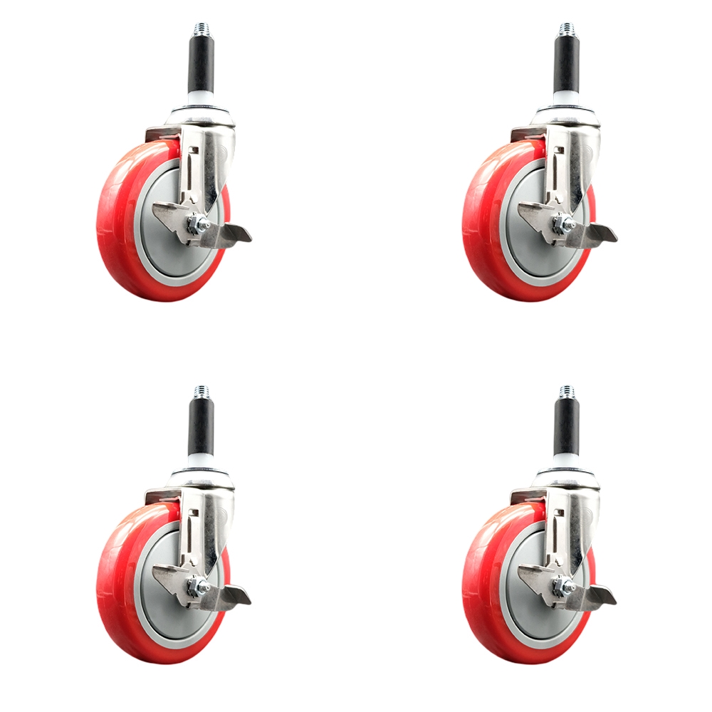 Polyurethane Swivel Stem Caster Set of 4 with 5 Inch Red Caster Wheels - 7/8" Expanding Stems - 316 Stainless Steel Casters - Includes 4 Swivel Casters with Top Lock Brakes - Service Caster Brand — photo 1