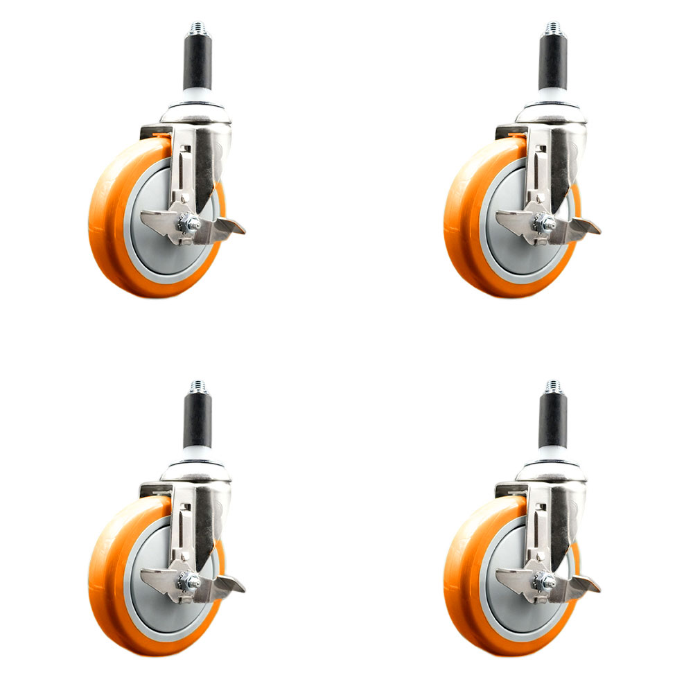 Polyurethane Swivel Stem Caster Set of 4 with 5 Inch Orange Caster Wheels - 1" Expanding Stems - 316 Stainless Steel Casters - Includes 4 Swivel Casters with Top Lock Brakes - Service Caster Brand — photo 1