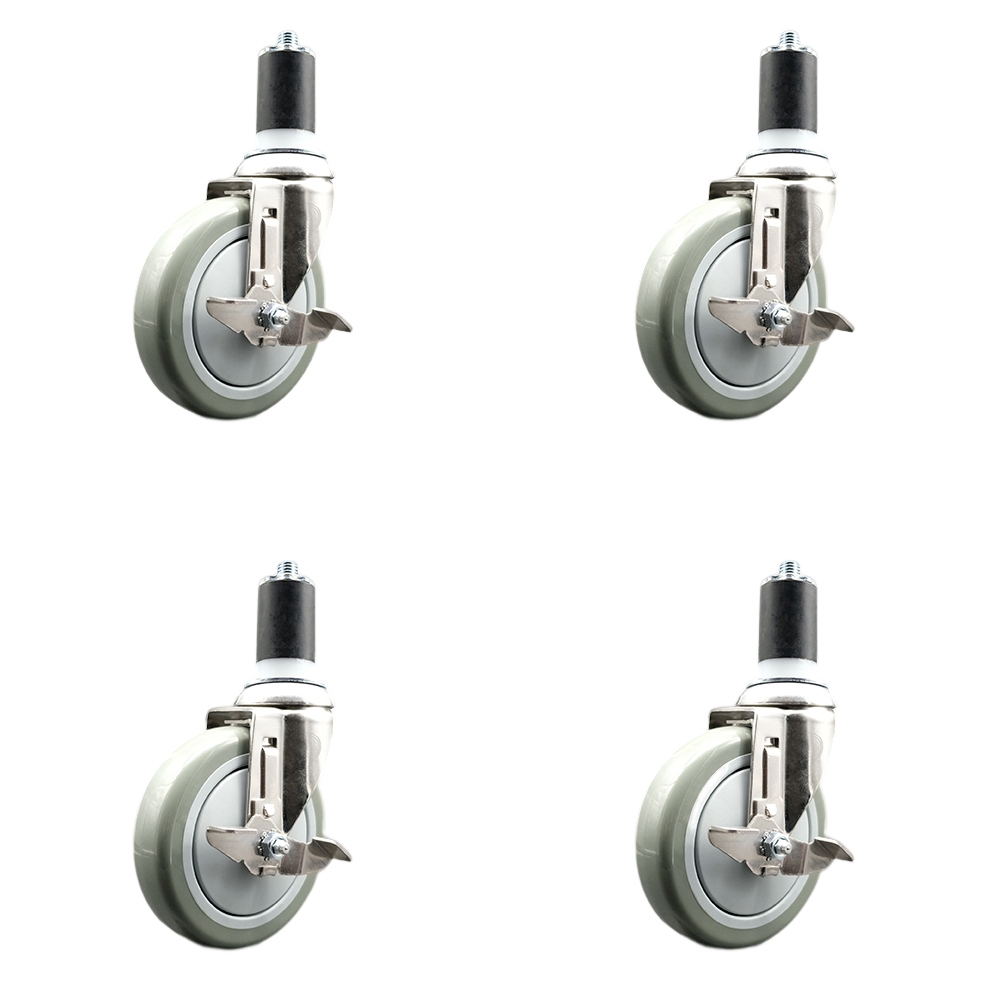 Polyurethane Swivel Stem Caster Set of 4 with 5 Inch Gray Caster Wheels - 1-1/2" Expanding Stems - 316 Stainless Steel Casters - Includes 4 Swivel Casters with Top Lock Brakes - Service Caster Brand — photo 1