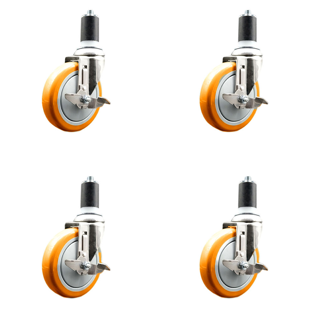 Polyurethane Swivel Stem Caster Set of 4 with 5 Inch Orange Caster Wheels - 1-1/2" Expanding Stems - 316 Stainless Steel Casters - Includes 4 Swivel Casters with Top Lock Brakes - Service Caster Brand — photo 1