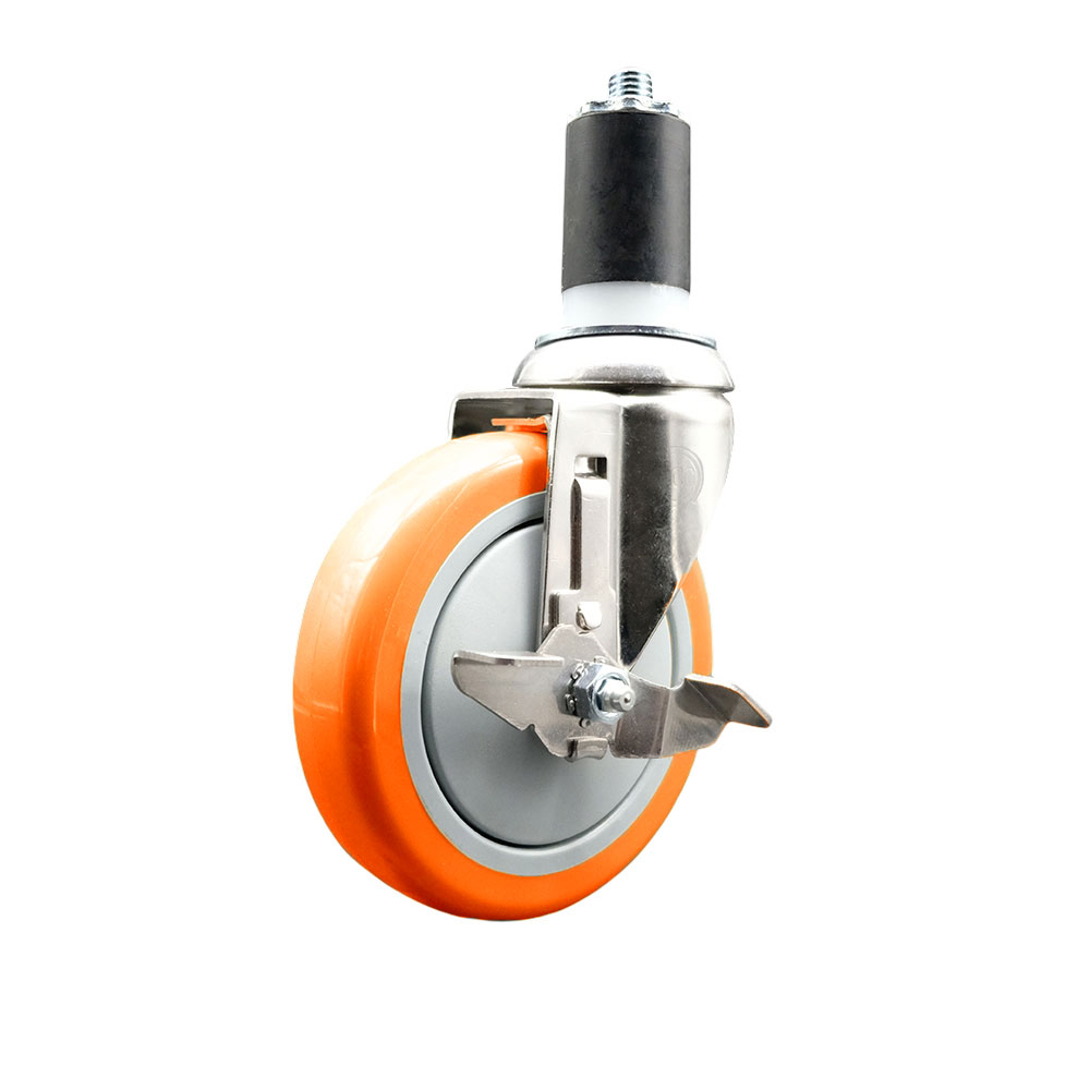 Polyurethane Swivel Stem Caster with 5 Inch Orange Caster Wheel and Top Lock Brake - 1-1/2" Expanding Stem - 316 Stainless Steel Caster - 350 lbs. Capacity Per Caster - Service Caster Brand — photo 1