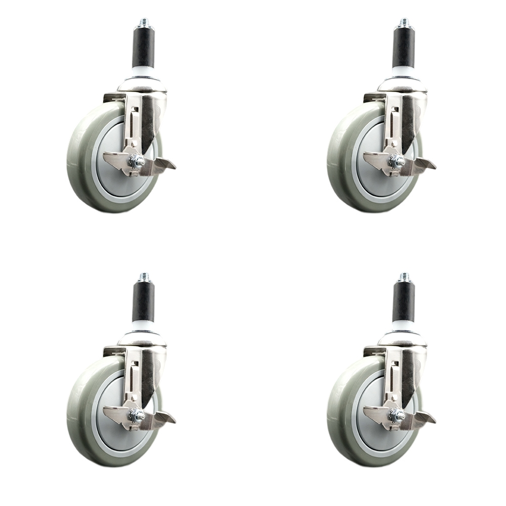 Polyurethane Swivel Stem Caster Set of 4 with 5 Inch Gray Caster Wheels - 1-1/4" Expanding Stems - 316 Stainless Steel Casters - Includes 4 Swivel Casters with Top Lock Brakes - Service Caster Brand — photo 1
