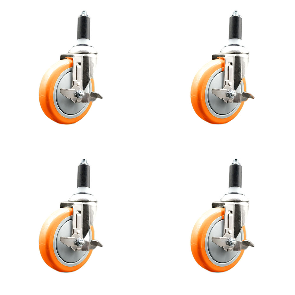 Polyurethane Swivel Stem Caster Set of 4 with 5 Inch Orange Caster Wheels - 1-1/4" Expanding Stems - 316 Stainless Steel Casters - Includes 4 Swivel Casters with Top Lock Brakes - Service Caster Brand — photo 1