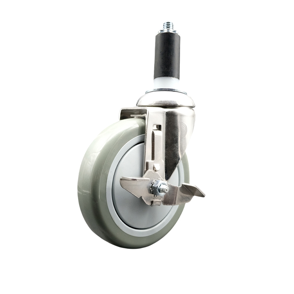 Polyurethane Swivel Stem Caster with 5 Inch Gray Caster Wheel and Top Lock Brake - 1-1/4" Expanding Stem - 316 Stainless Steel Caster - 350 lbs. Capacity Per Caster - Service Caster Brand — photo 1