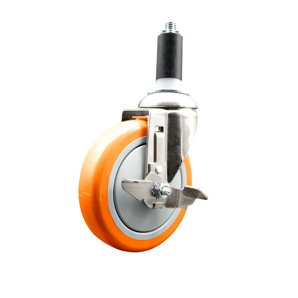 Polyurethane Swivel Stem Caster with 5 Inch Orange Caster Wheel and Top Lock Brake - 1-1/4" Expanding Stem - 316 Stainless Steel Caster - 350 lbs. Capacity Per Caster - Service Caster Brand — photo 1