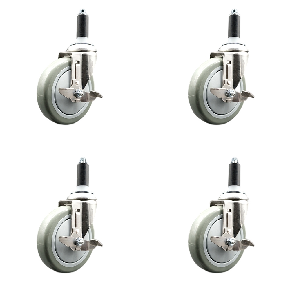 Polyurethane Swivel Stem Caster Set of 4 with 5 Inch Gray Caster Wheels - 1-1/8" Expanding Stems - 316 Stainless Steel Casters - Includes 4 Swivel Casters with Top Lock Brakes - Service Caster Brand — photo 1