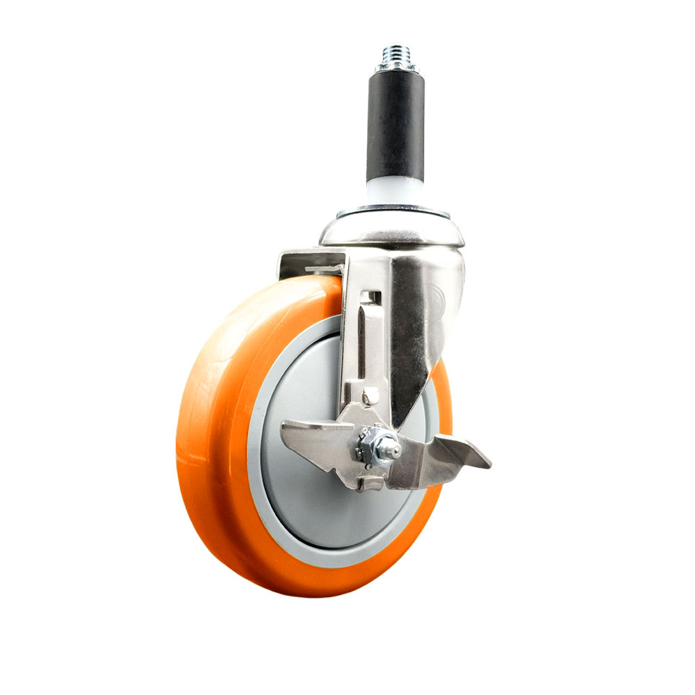 Polyurethane Swivel Stem Caster with 5 Inch Orange Caster Wheel and Top Lock Brake - 1-1/8" Expanding Stem - 316 Stainless Steel Caster - 350 lbs. Capacity Per Caster - Service Caster Brand — photo 1