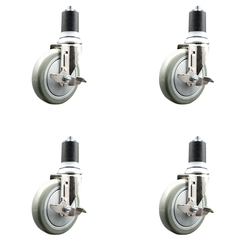 Polyurethane Swivel Stem Caster Set of 4 with 5 Inch Gray Caster Wheels - 1-3/4" Expanding Stems - 316 Stainless Steel Casters - Includes 4 Swivel Casters with Top Lock Brakes - Service Caster Brand — photo 1