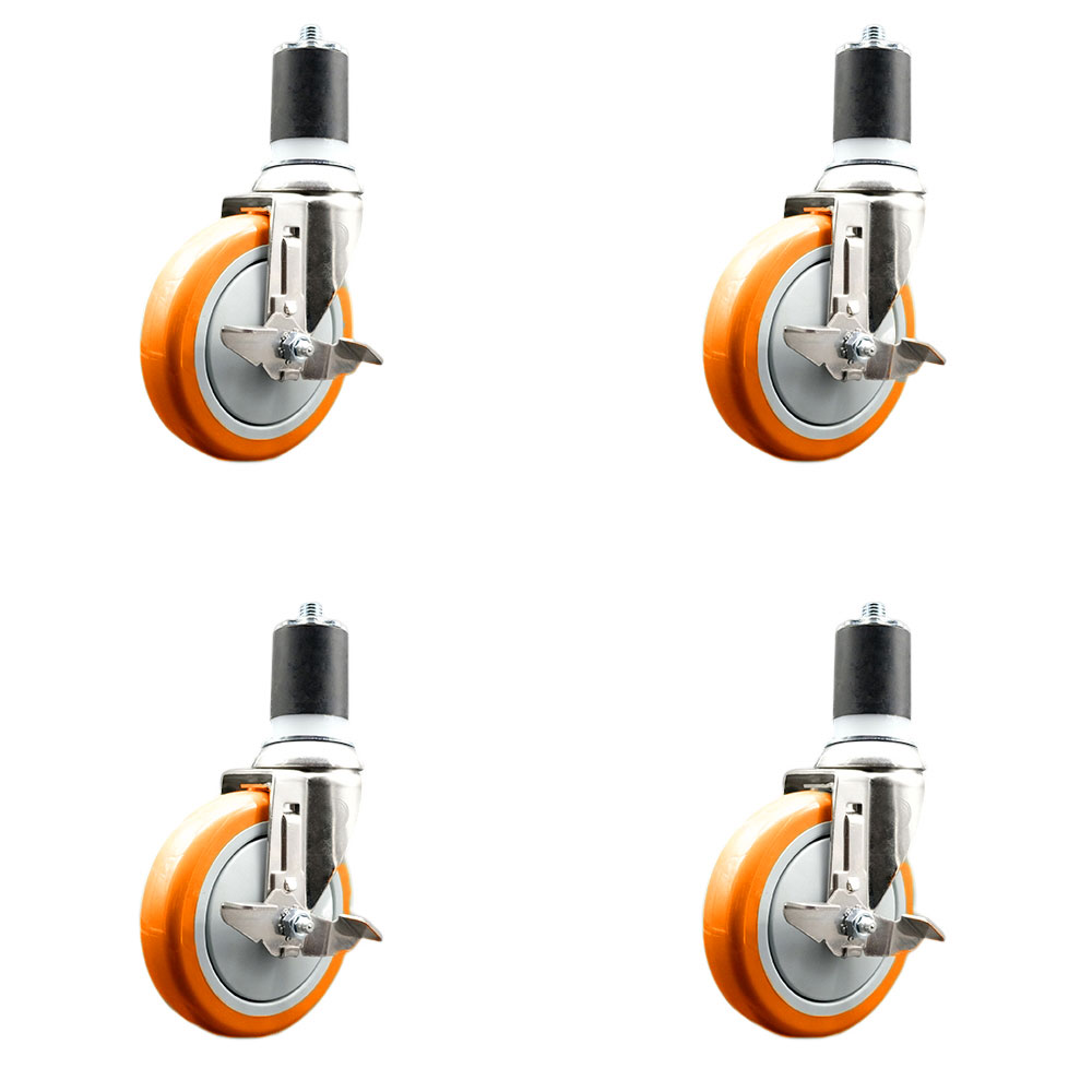 Polyurethane Swivel Stem Caster Set of 4 with 5 Inch Orange Caster Wheels - 1-3/4" Expanding Stems - 316 Stainless Steel Casters - Includes 4 Swivel Casters with Top Lock Brakes - Service Caster Brand — photo 1