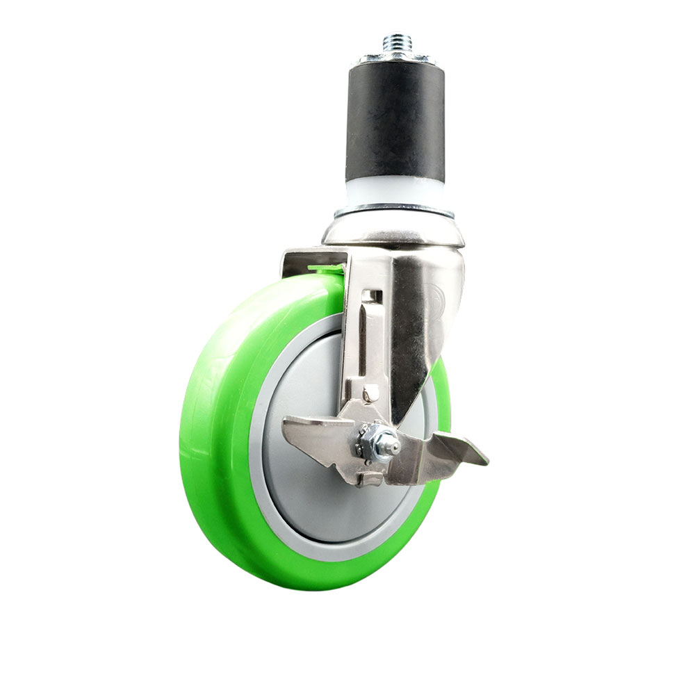 Polyurethane Swivel Stem Caster with 5 Inch Green Caster Wheel and Top Lock Brake - 1-3/4" Expanding Stem - 316 Stainless Steel Caster - 350 lbs. Capacity Per Caster - Service Caster Brand — photo 1