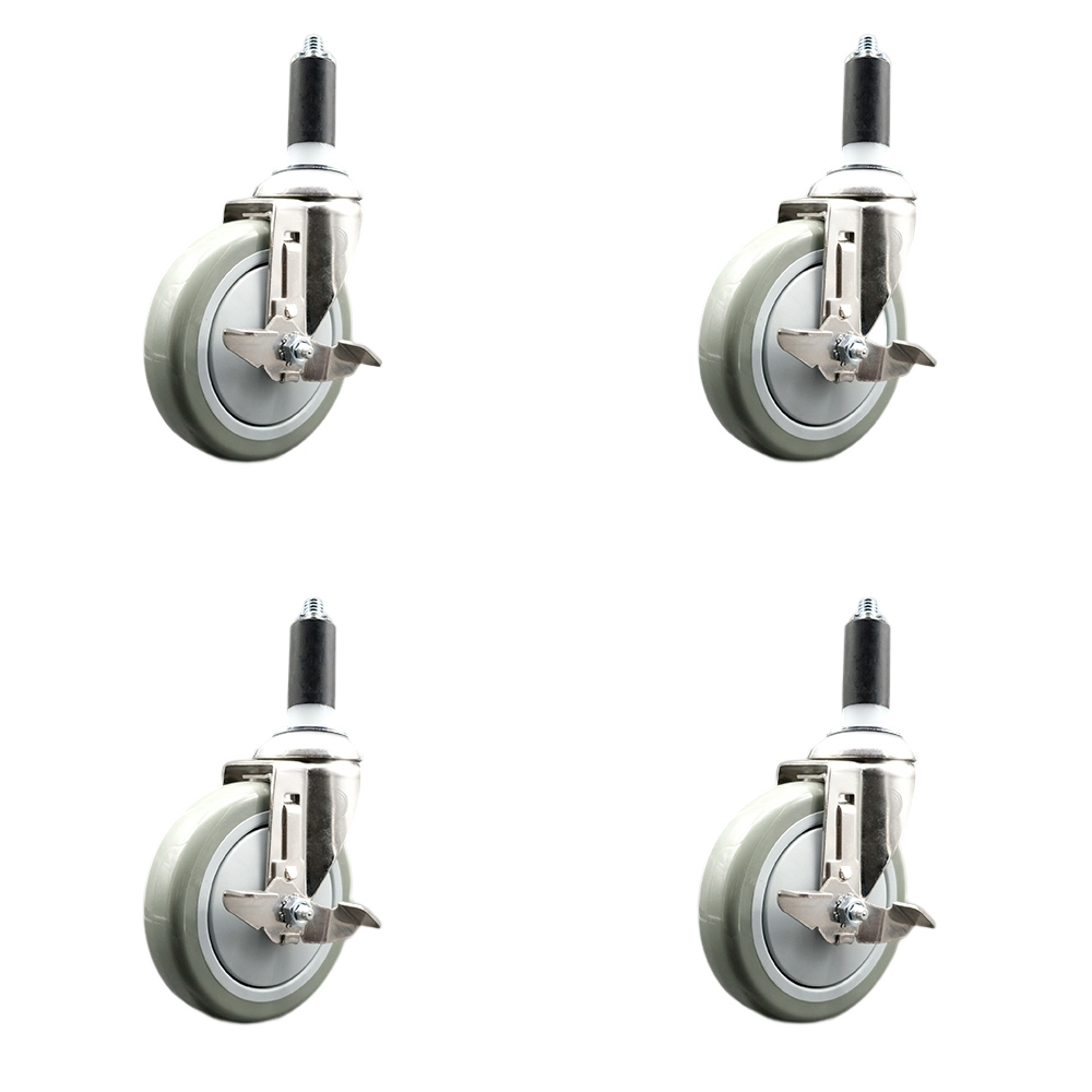 Polyurethane Swivel Stem Caster Set of 4 with 5 Inch Gray Caster Wheels - 1-3/8" Expanding Stems - 316 Stainless Steel Casters - Includes 4 Swivel Casters with Top Lock Brakes - Service Caster Brand — photo 1