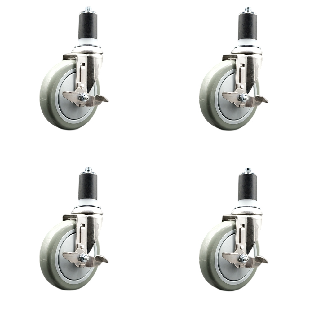 Polyurethane Swivel Stem Caster Set of 4 with 5 Inch Gray Caster Wheels - 1-5/8" Expanding Stems - 316 Stainless Steel Casters - Includes 4 Swivel Casters with Top Lock Brakes - Service Caster Brand — photo 1