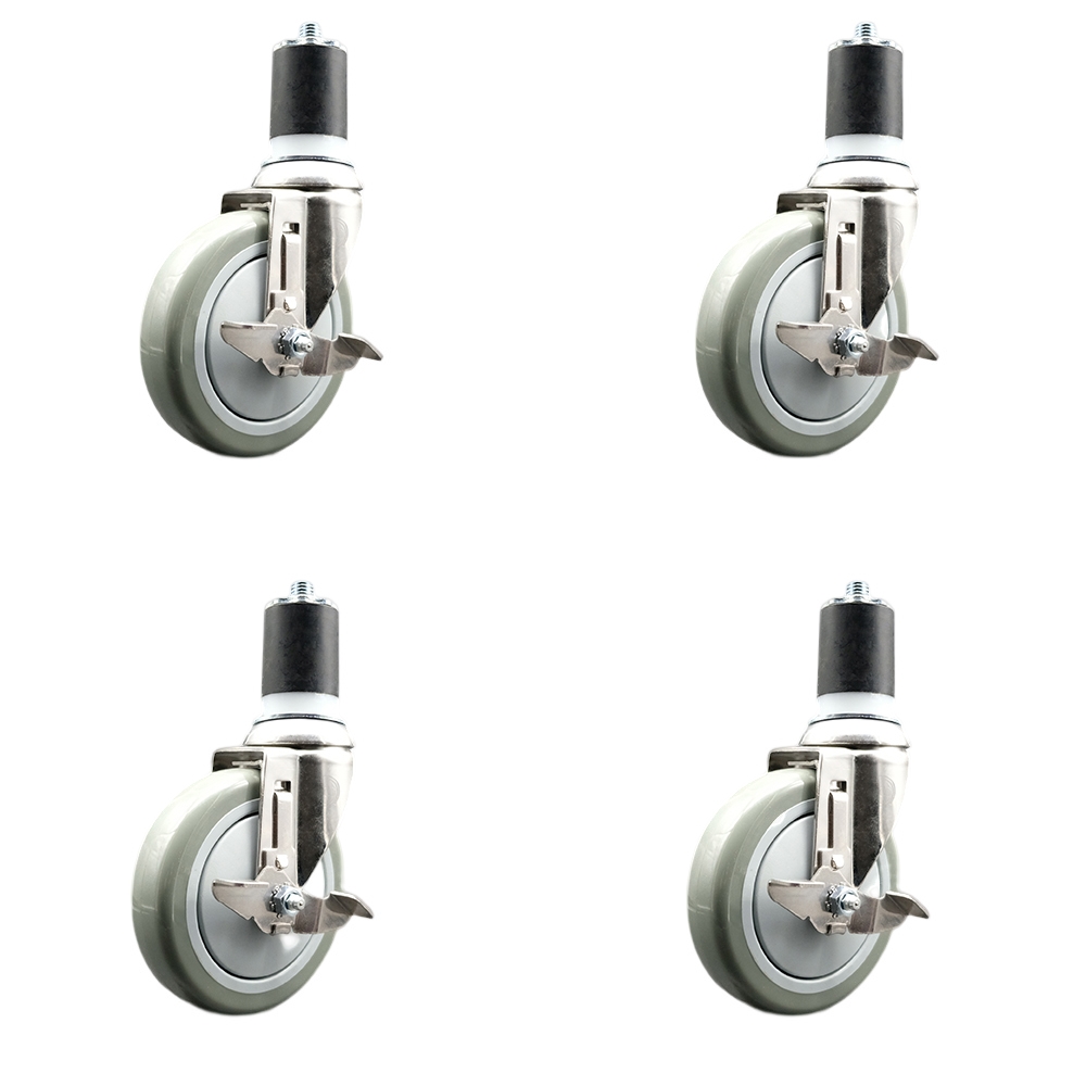 Polyurethane Swivel Stem Caster Set of 4 with 5 Inch Gray Caster Wheels - 1-7/8" Expanding Stems - 316 Stainless Steel Casters - Includes 4 Swivel Casters with Top Lock Brakes - Service Caster Brand — photo 1