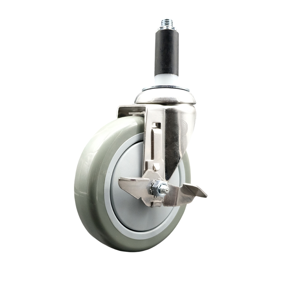 Polyurethane Swivel Stem Caster with 5 Inch Gray Caster Wheel and Top Lock Brake - 1" Expanding Stem - 316 Stainless Steel Caster - 350 lbs. Capacity Per Caster - Service Caster Brand — photo 1