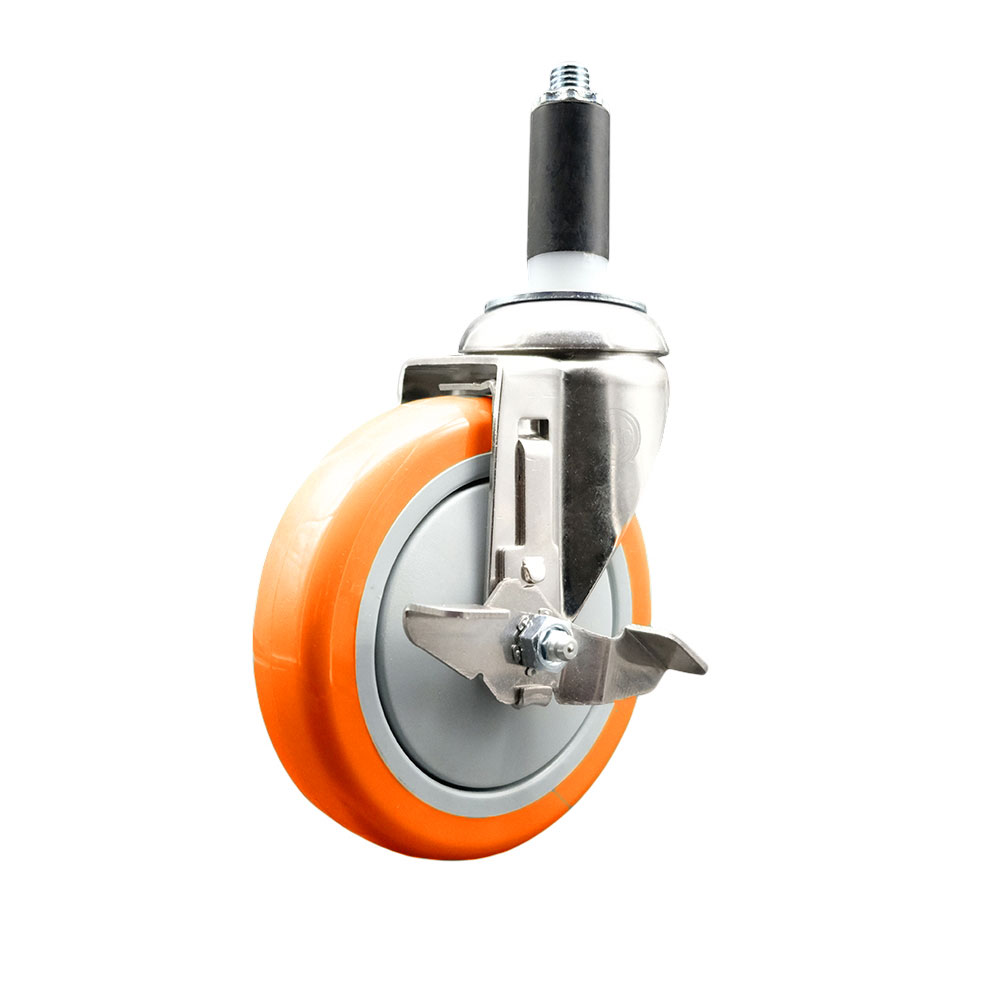 Polyurethane Swivel Stem Caster with 5 Inch Orange Caster Wheel and Top Lock Brake - 1" Expanding Stem - 316 Stainless Steel Caster - 350 lbs. Capacity Per Caster - Service Caster Brand — photo 1