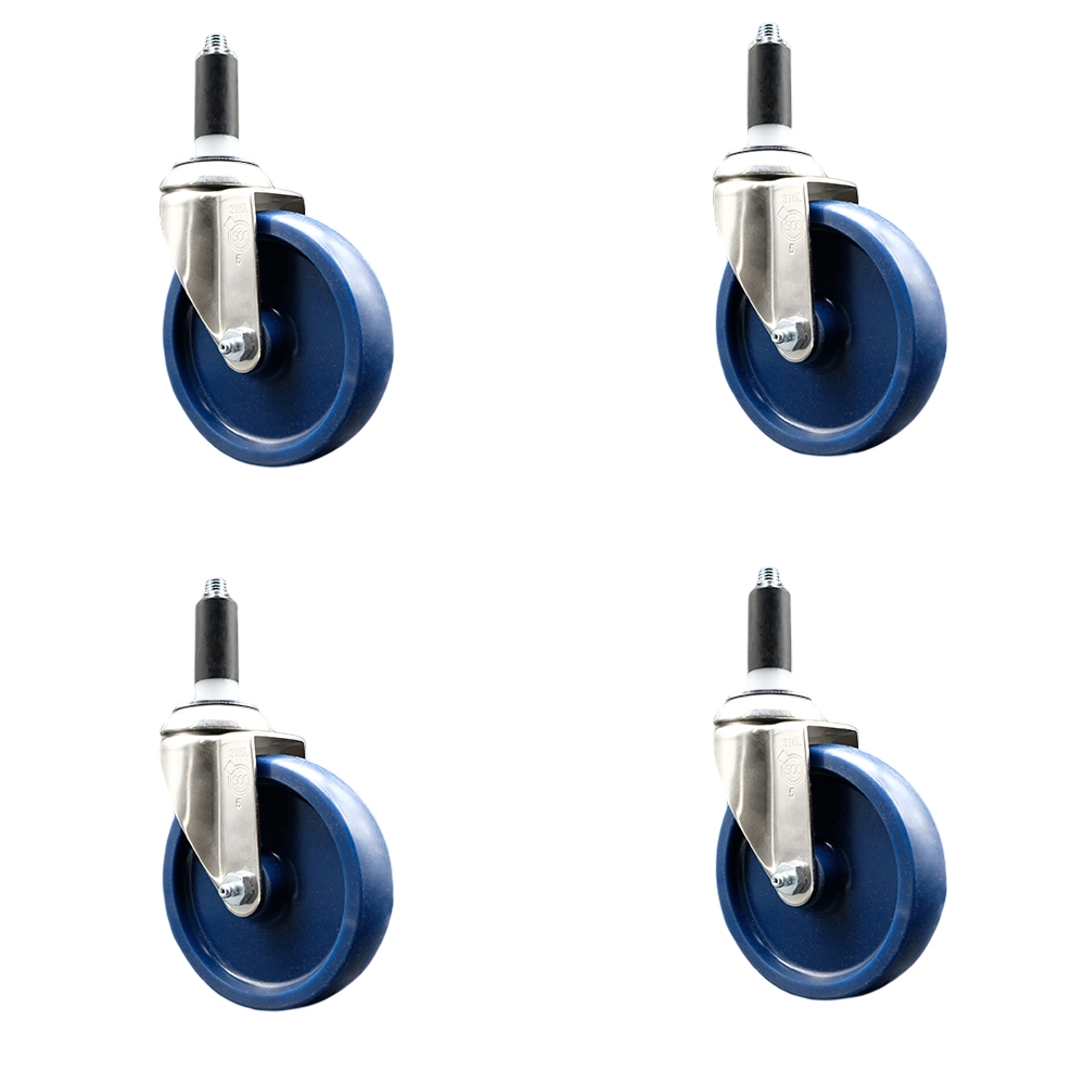 Solid Polyurethane Swivel Stem Caster Set of 4 with 5 Inch Blue Caster Wheels - 1" Expanding Stems - 316 Stainless Steel Casters - Includes 4 Swivel Casters - Service Caster Brand — photo 1