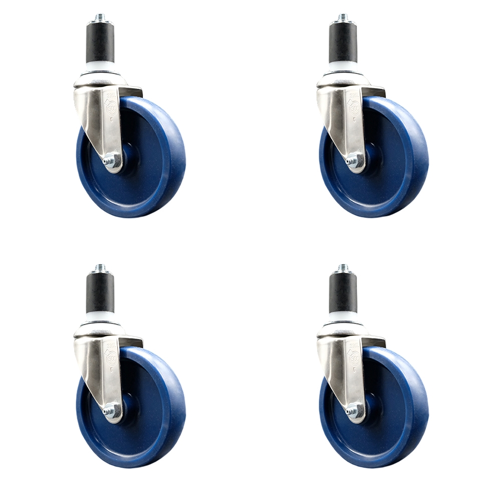 Solid Polyurethane Swivel Stem Caster Set of 4 with 5 Inch Blue Caster Wheels - 1-1/2" Expanding Stems - 316 Stainless Steel Casters - Includes 4 Swivel Casters - Service Caster Brand — photo 1