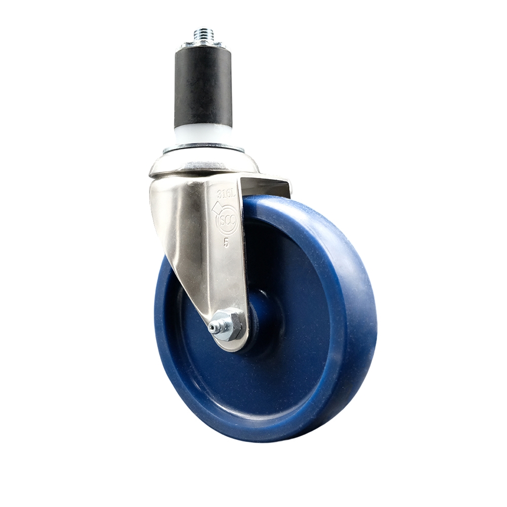 Solid Polyurethane Swivel Stem Caster with 5 Inch Blue Caster Wheel - 1-1/2" Expanding Stem - 316 Stainless Steel Caster - 300 lbs. Capacity Per Caster - Service Caster Brand — photo 1