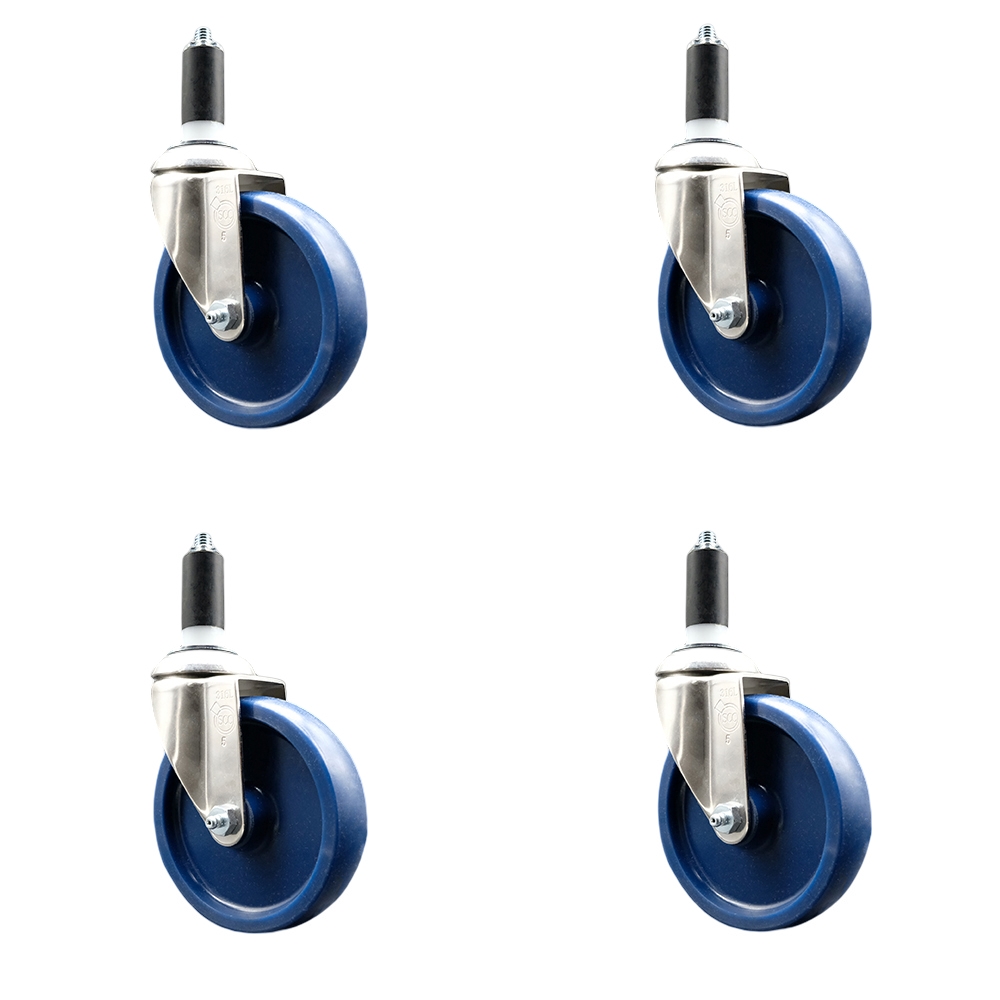 Solid Polyurethane Swivel Stem Caster Set of 4 with 5 Inch Blue Caster Wheels - 1-1/4" Expanding Stems - 316 Stainless Steel Casters - Includes 4 Swivel Casters - Service Caster Brand — photo 1