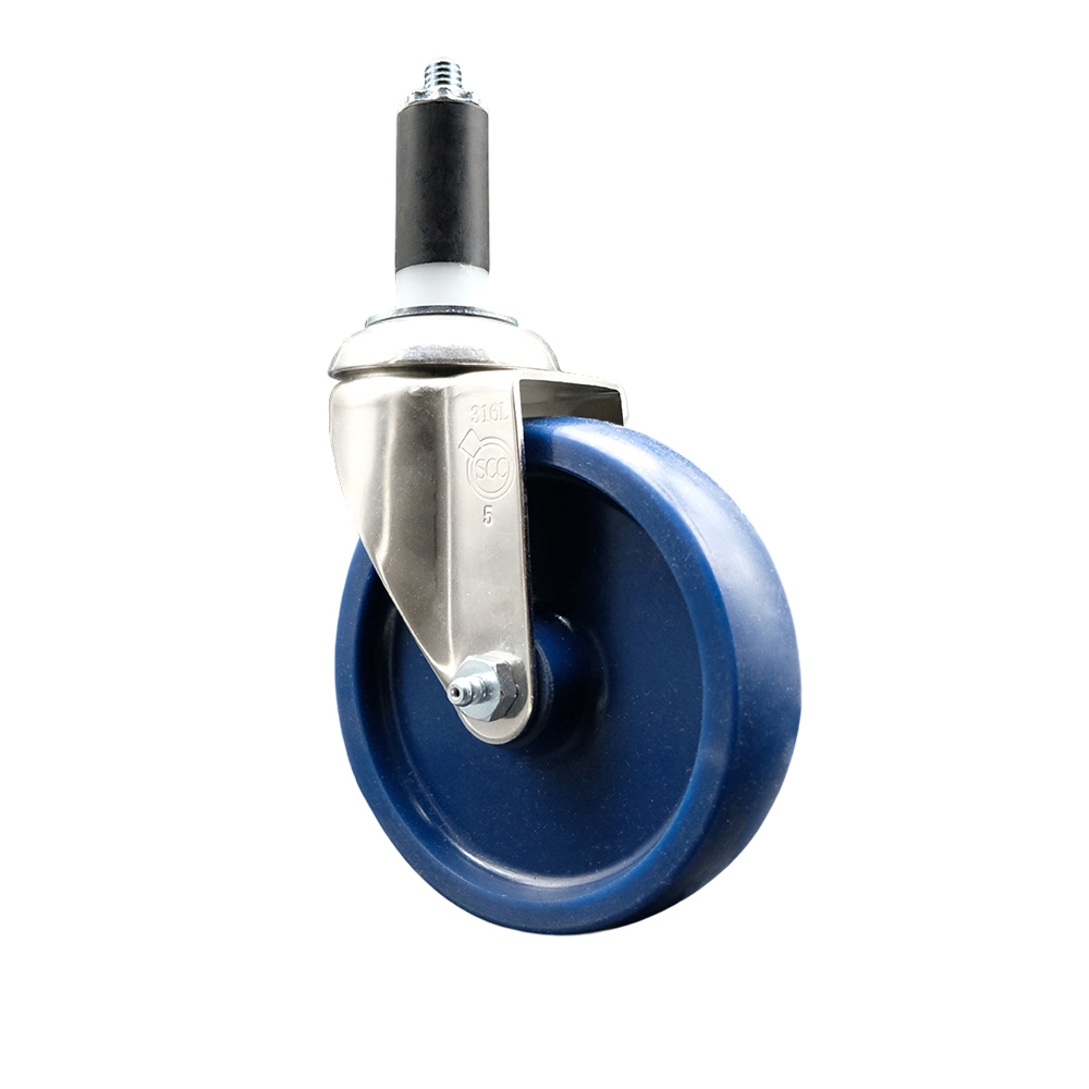 Solid Polyurethane Swivel Stem Caster with 5 Inch Blue Caster Wheel - 1-1/4" Expanding Stem - 316 Stainless Steel Caster - 300 lbs. Capacity Per Caster - Service Caster Brand — photo 1
