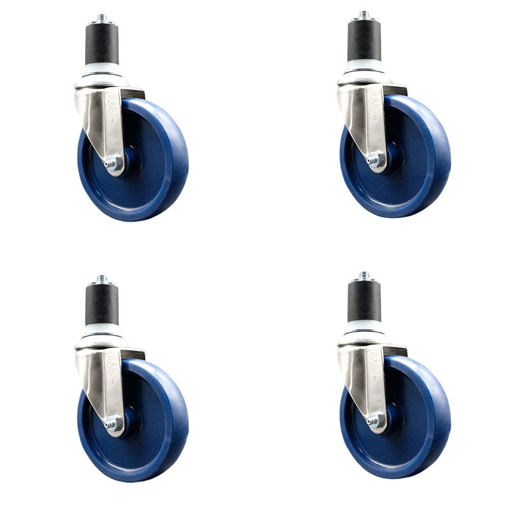 Solid Polyurethane Swivel Stem Caster Set of 4 with 5 Inch Blue Caster Wheels - 1-3/4" Expanding Stems - 316 Stainless Steel Casters - Includes 4 Swivel Casters - Service Caster Brand — photo 1