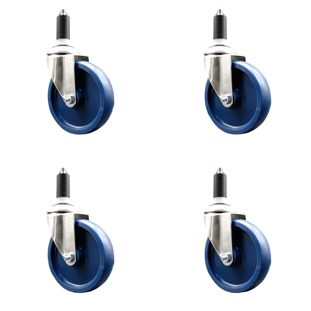 Solid Polyurethane Swivel Stem Caster Set of 4 with 5 Inch Blue Caster Wheels - 1-3/8" Expanding Stems - 316 Stainless Steel Casters - Includes 4 Swivel Casters - Service Caster Brand — photo 1
