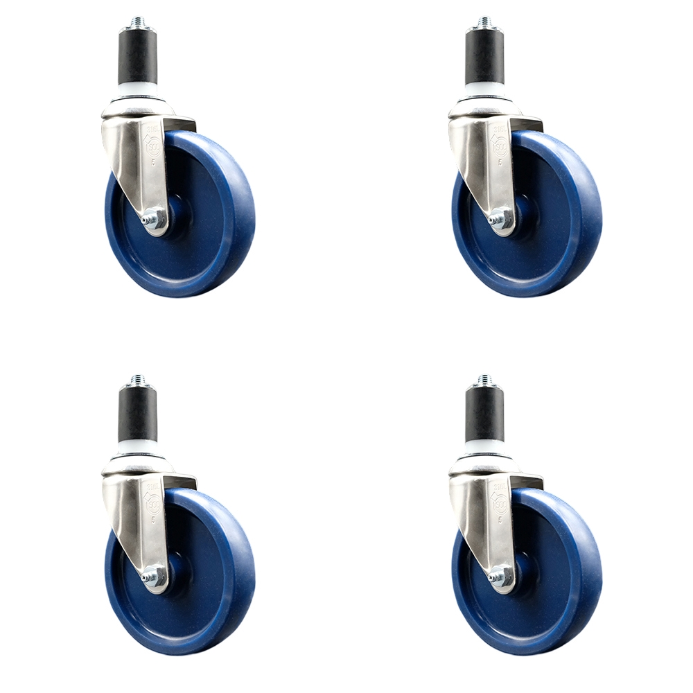 Solid Polyurethane Swivel Stem Caster Set of 4 with 5 Inch Blue Caster Wheels - 1-5/8" Expanding Stems - 316 Stainless Steel Casters - Includes 4 Swivel Casters - Service Caster Brand — photo 1