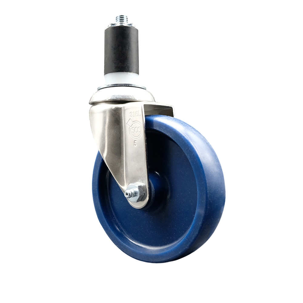 Solid Polyurethane Swivel Stem Caster with 5 Inch Blue Caster Wheel - 1-5/8" Expanding Stem - 316 Stainless Steel Caster - 300 lbs. Capacity Per Caster - Service Caster Brand — photo 1