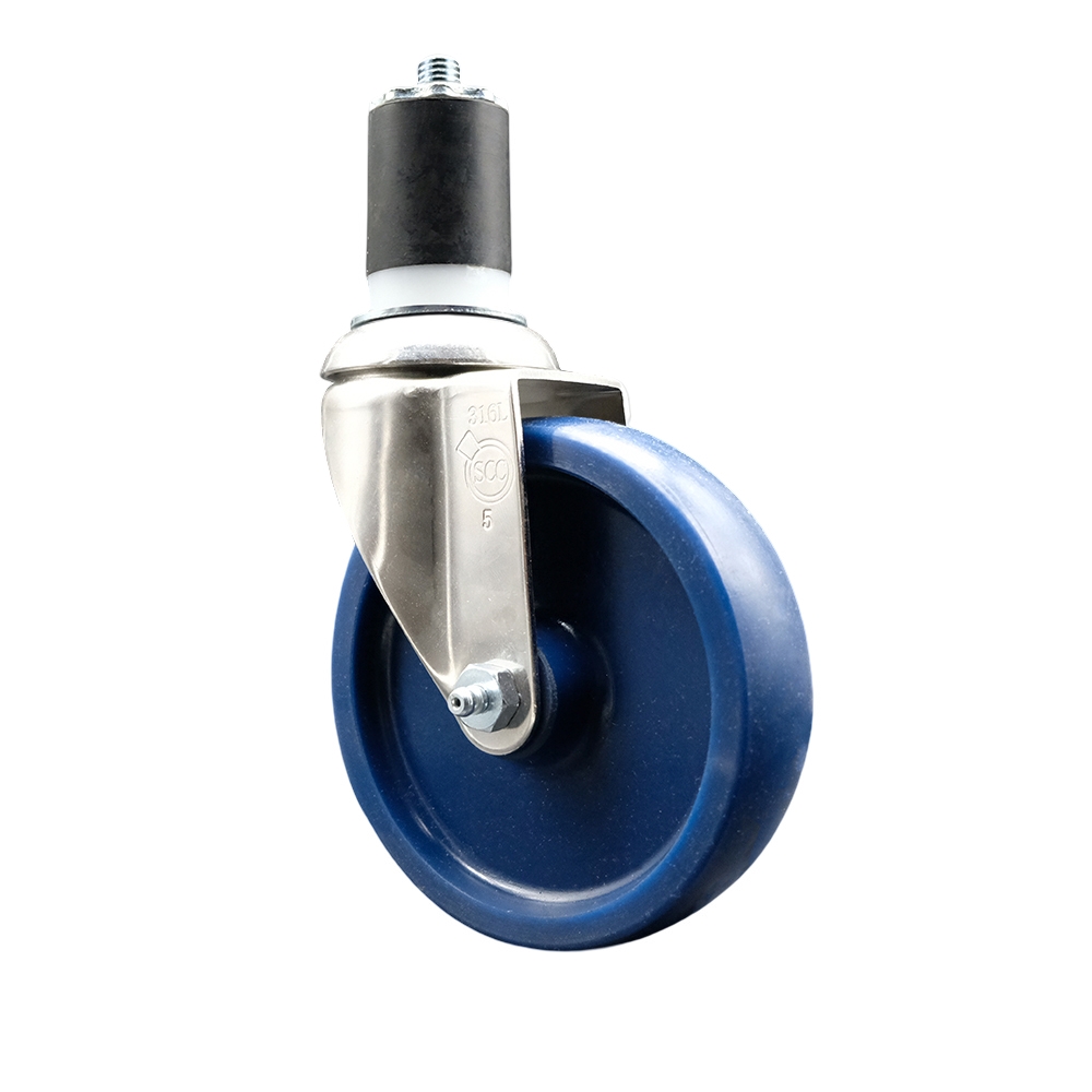 Solid Polyurethane Swivel Stem Caster with 5 Inch Blue Caster Wheel - 1-7/8" Expanding Stem - 316 Stainless Steel Caster - 300 lbs. Capacity Per Caster - Service Caster Brand — photo 1