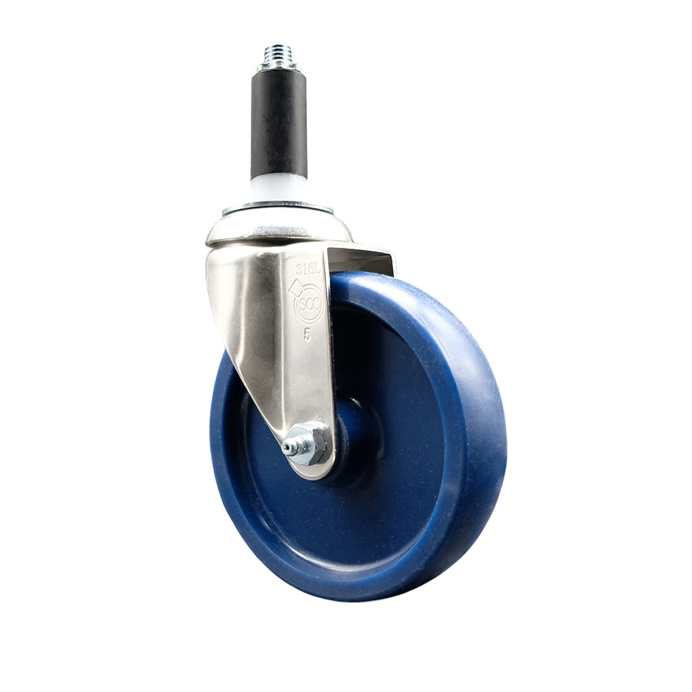 Solid Polyurethane Swivel Stem Caster with 5 Inch Blue Caster Wheel - 1" Expanding Stem - 316 Stainless Steel Caster - 300 lbs. Capacity Per Caster - Service Caster Brand — photo 1