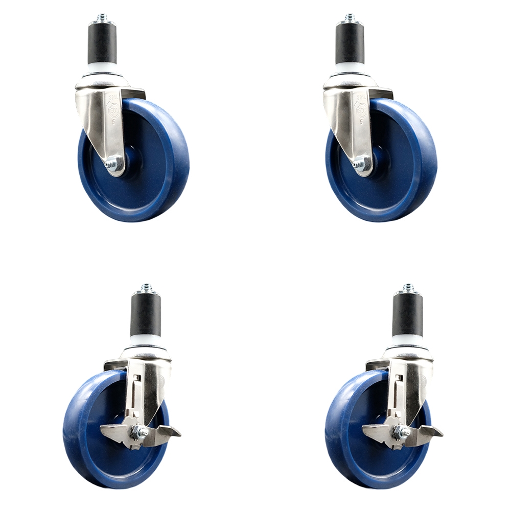 Solid Poly Swivel Stem Caster Set of 4 with 5 Inch Blue Caster Wheels - 1-1/2" Expanding Stems - 316 Stainless Steel Casters - Includes 2 Swivel with Top Lock Brakes and 2 Swivel- Service Caster Brand — photo 1