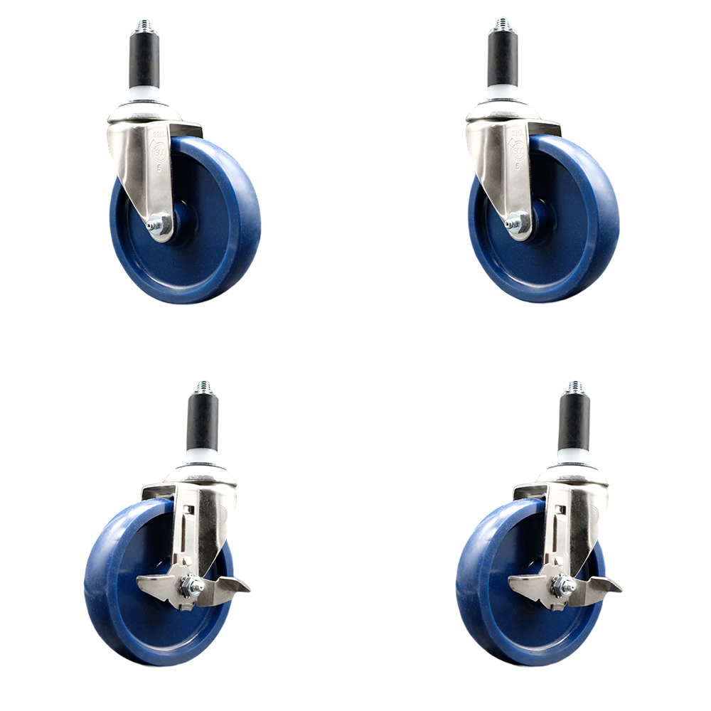 Solid Poly Swivel Stem Caster Set of 4 with 5 Inch Blue Caster Wheels - 1-1/4" Expanding Stems - 316 Stainless Steel Casters - Includes 2 Swivel with Top Lock Brakes and 2 Swivel- Service Caster Brand — photo 1