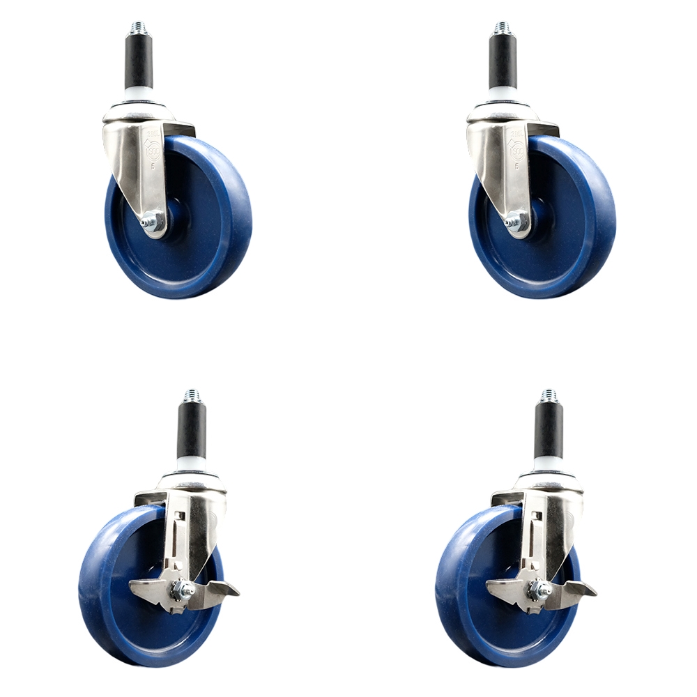 Solid Poly Swivel Stem Caster Set of 4 with 5 Inch Blue Caster Wheels - 1-1/8" Expanding Stems - 316 Stainless Steel Casters - Includes 2 Swivel with Top Lock Brakes and 2 Swivel- Service Caster Brand — photo 1