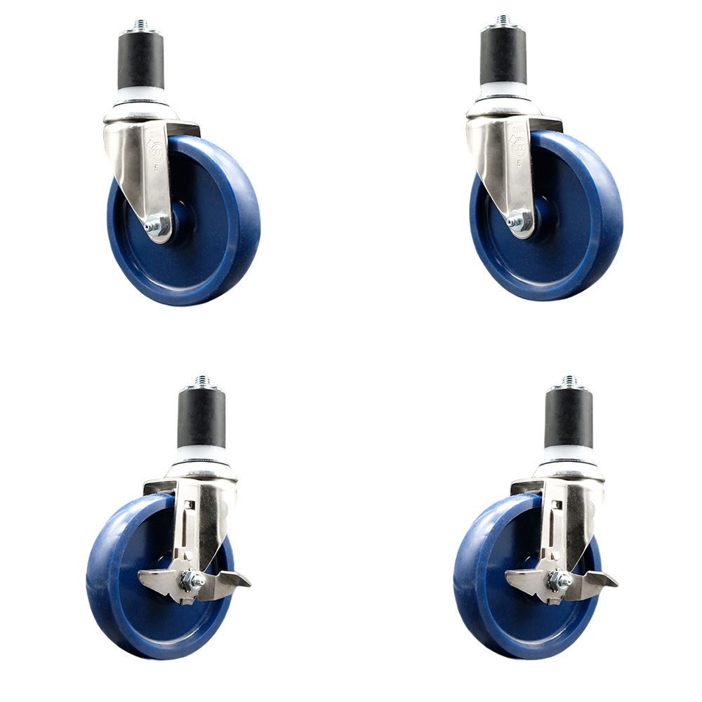 Solid Poly Swivel Stem Caster Set of 4 with 5 Inch Blue Caster Wheels - 1-3/4" Expanding Stems - 316 Stainless Steel Casters - Includes 2 Swivel with Top Lock Brakes and 2 Swivel- Service Caster Brand — photo 1