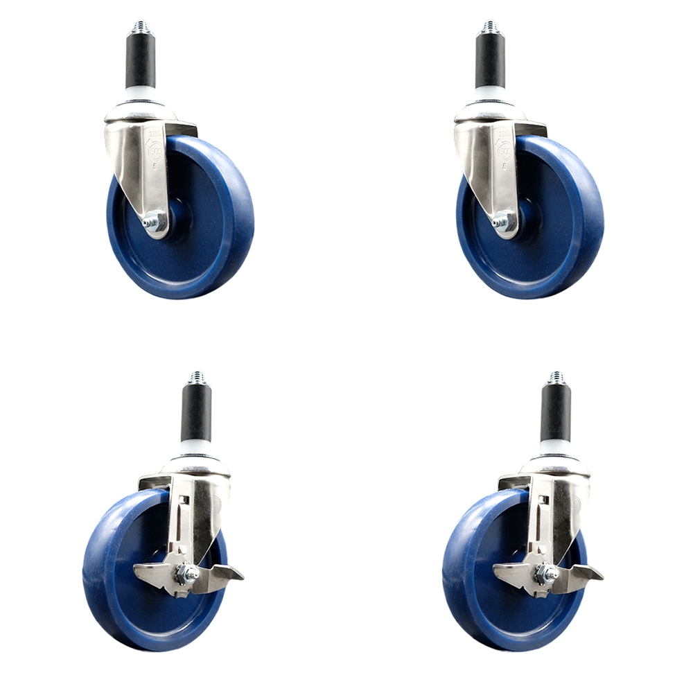 Solid Poly Swivel Stem Caster Set of 4 with 5 Inch Blue Caster Wheels - 1-3/8" Expanding Stems - 316 Stainless Steel Casters - Includes 2 Swivel with Top Lock Brakes and 2 Swivel- Service Caster Brand — photo 1