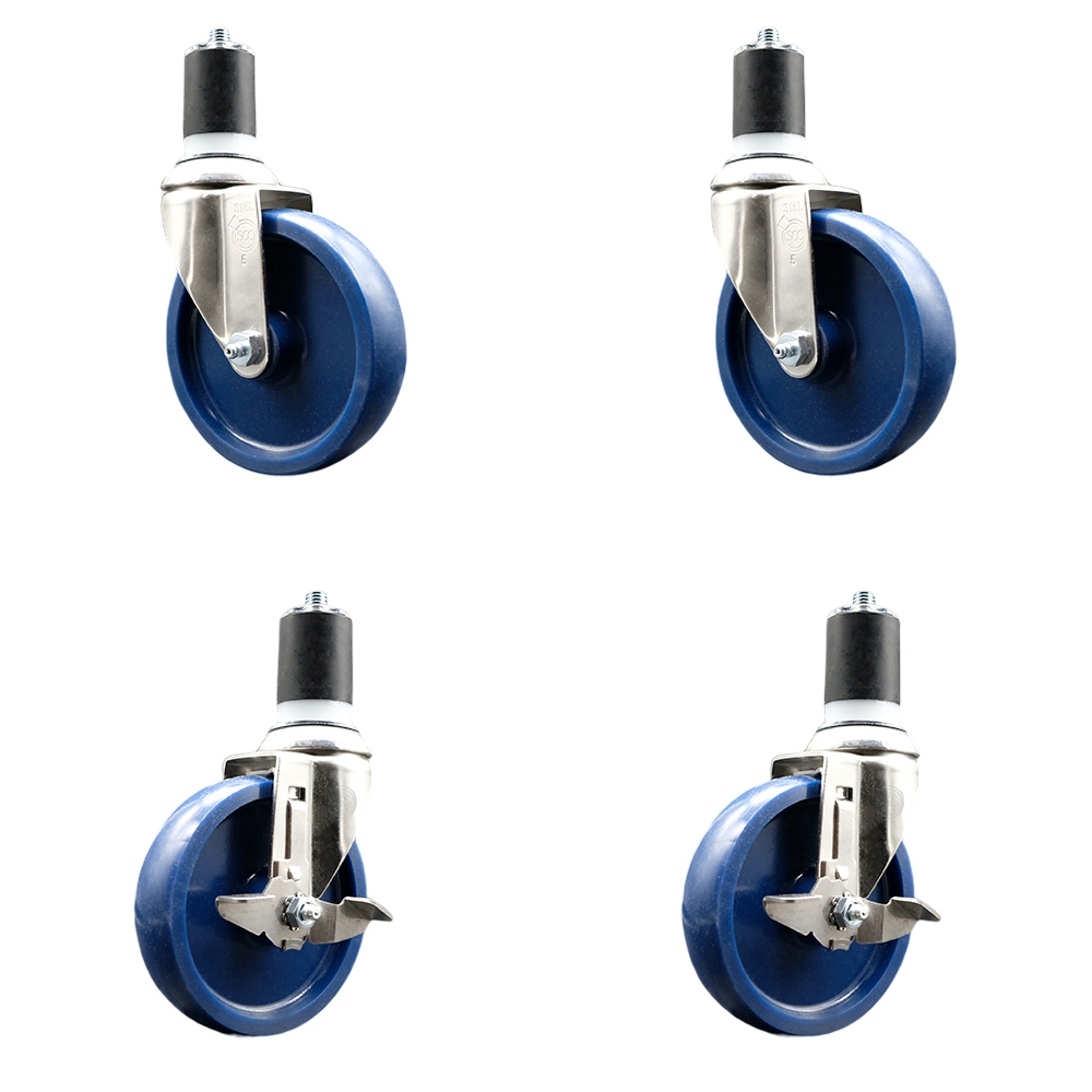Solid Poly Swivel Stem Caster Set of 4 with 5 Inch Blue Caster Wheels - 1-7/8" Expanding Stems - 316 Stainless Steel Casters - Includes 2 Swivel with Top Lock Brakes and 2 Swivel- Service Caster Brand — photo 1