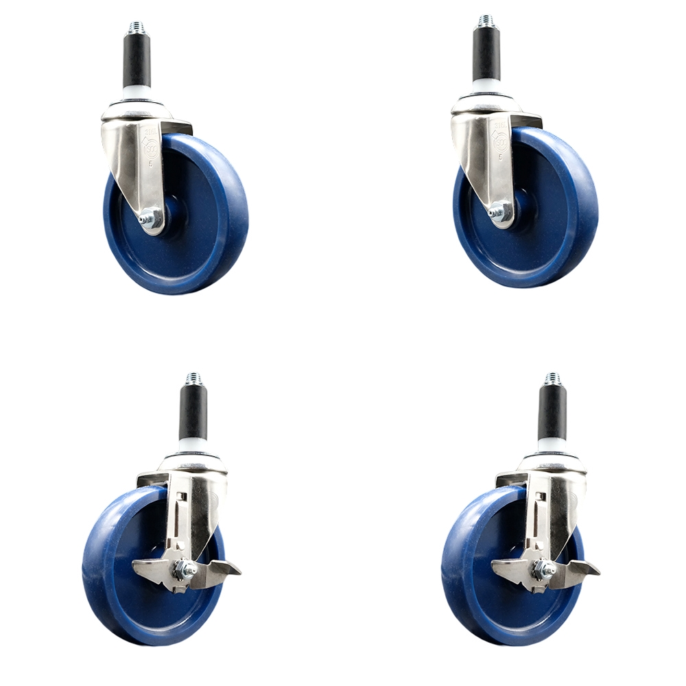 Solid Poly Swivel Stem Caster Set of 4 with 5 Inch Blue Caster Wheels - 1" Expanding Stems - 316 Stainless Steel Casters - Includes 2 Swivel with Top Lock Brakes and 2 Swivel - Service Caster Brand — photo 1
