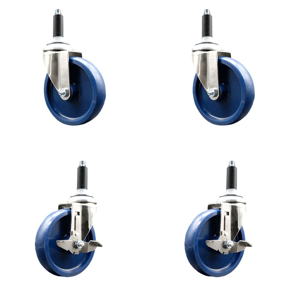 Solid Poly Swivel Stem Caster Set of 4 with 5 Inch Blue Caster Wheels - 3/4" Expanding Stems - 316 Stainless Steel Casters - Includes 2 Swivel with Top Lock Brakes and 2 Swivel - Service Caster Brand — photo 1