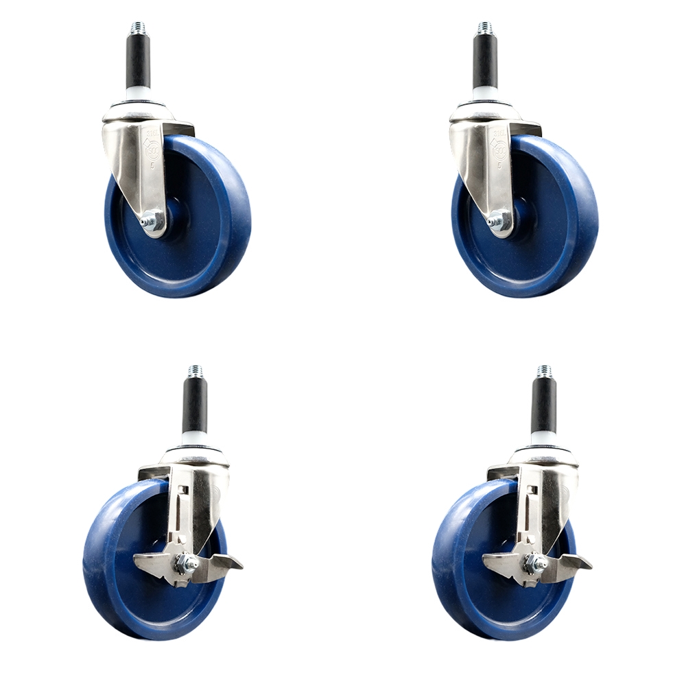 Solid Poly Swivel Stem Caster Set of 4 with 5 Inch Blue Caster Wheels - 7/8" Expanding Stems - 316 Stainless Steel Casters - Includes 2 Swivel with Top Lock Brakes and 2 Swivel - Service Caster Brand — photo 1