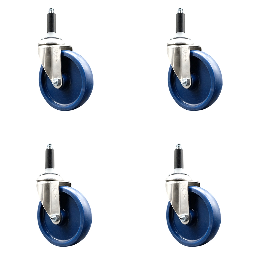 Solid Polyurethane Swivel Stem Caster Set of 4 with 5 Inch Blue Caster Wheels - 7/8" Expanding Stems - 316 Stainless Steel Casters - Includes 4 Swivel Casters - Service Caster Brand — photo 1