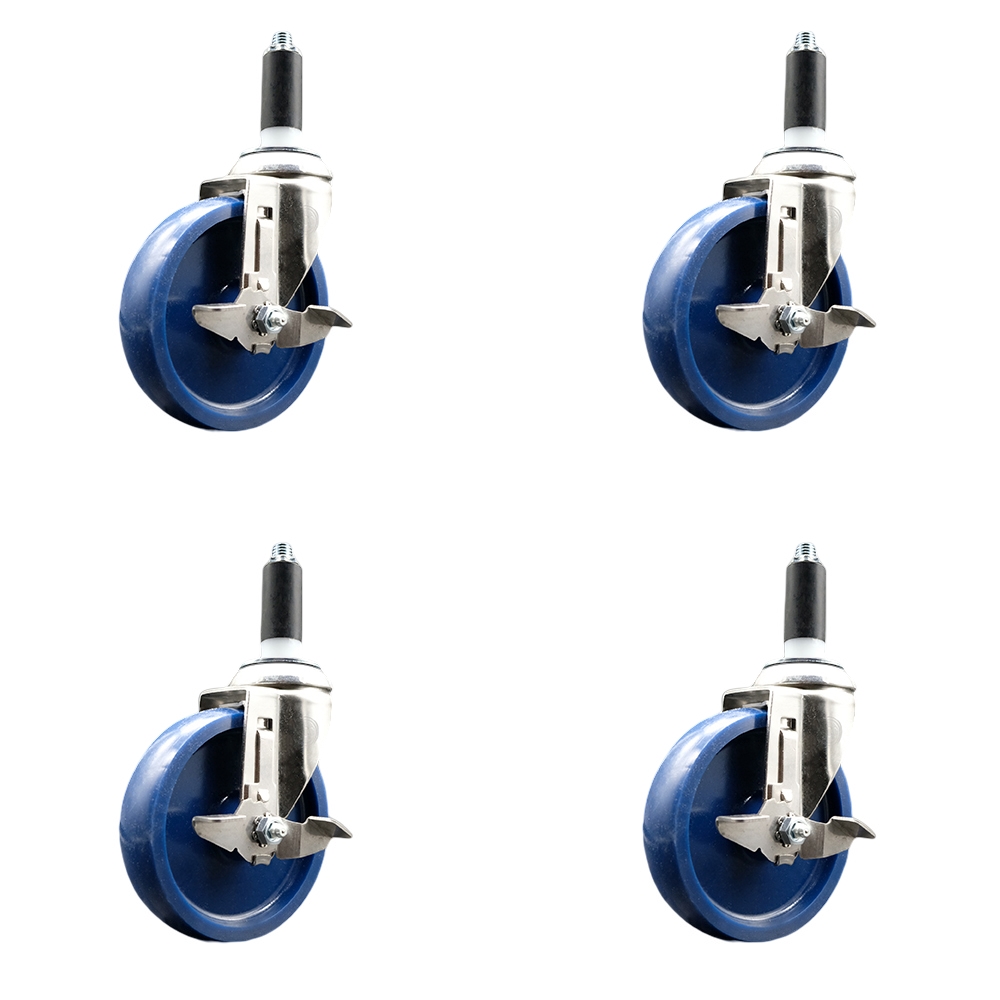 Solid Polyurethane Swivel Stem Caster Set of 4 with 5 Inch Blue Caster Wheels - 1" Expanding Stems - 316 Stainless Steel Casters - Includes 4 Swivel Casters with Top Lock Brakes - Service Caster Brand — photo 1