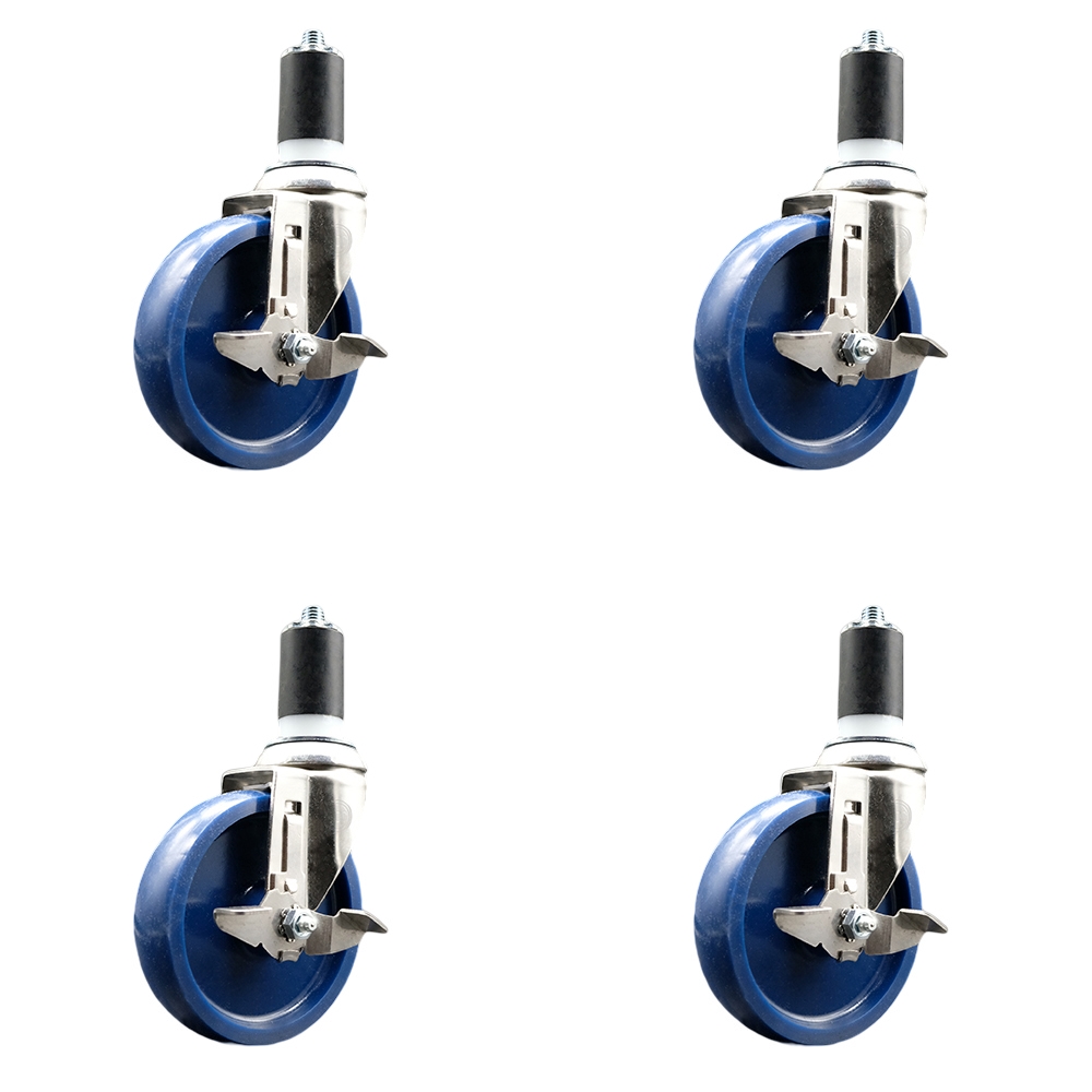 Solid Polyurethane Swivel Stem Caster Set of 4 with 5 Inch Blue Caster Wheels - 1-1/2" Expanding Stems - 316 Stainless Steel Casters-Includes 4 Swivel Casters with Top Lock Brakes-Service Caster Brand — photo 1