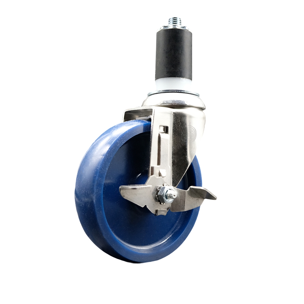 Solid Polyurethane Swivel Stem Caster with 5 Inch Blue Caster Wheel and Top Lock Brake - 1-1/2" Expanding Stem - 316 Stainless Steel Caster - 300 lbs. Capacity Per Caster - Service Caster Brand — photo 1