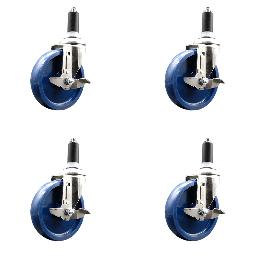 Solid Polyurethane Swivel Stem Caster Set of 4 with 5 Inch Blue Caster Wheels - 1-1/4" Expanding Stems - 316 Stainless Steel Casters-Includes 4 Swivel Casters with Top Lock Brakes-Service Caster Brand — photo 1