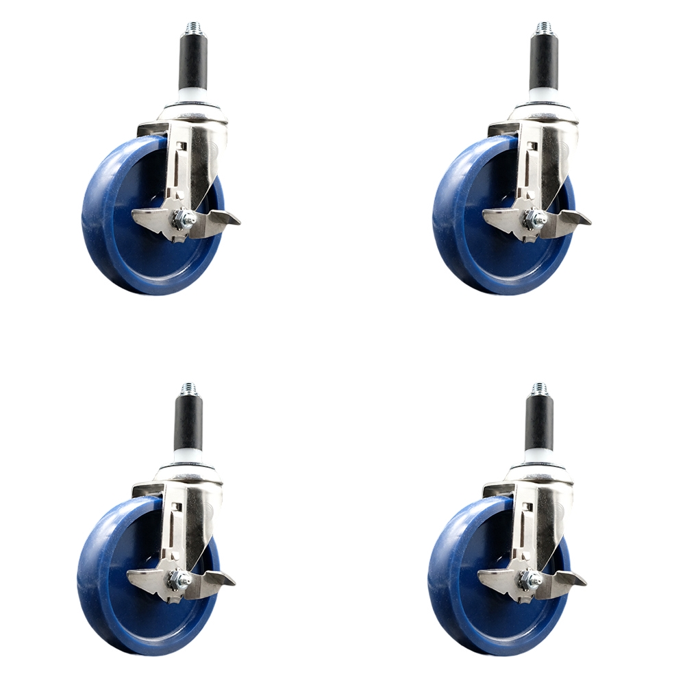 Solid Polyurethane Swivel Stem Caster Set of 4 with 5 Inch Blue Caster Wheels - 1-1/8" Expanding Stems - 316 Stainless Steel Casters-Includes 4 Swivel Casters with Top Lock Brakes-Service Caster Brand — photo 1