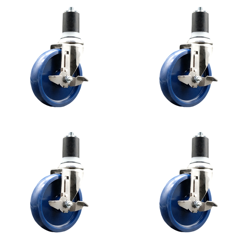 Solid Polyurethane Swivel Stem Caster Set of 4 with 5 Inch Blue Caster Wheels - 1-3/4" Expanding Stems - 316 Stainless Steel Casters-Includes 4 Swivel Casters with Top Lock Brakes-Service Caster Brand — photo 1