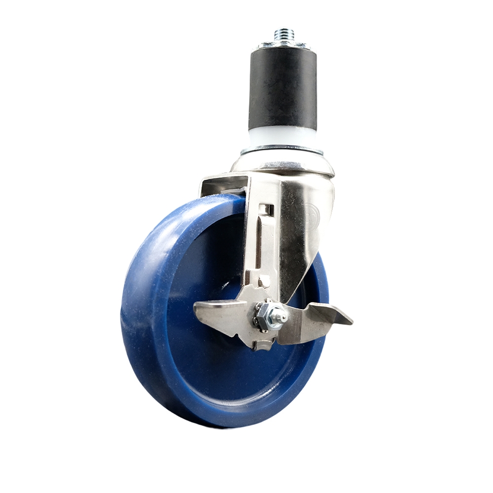 Solid Polyurethane Swivel Stem Caster with 5 Inch Blue Caster Wheel and Top Lock Brake - 1-3/4" Expanding Stem - 316 Stainless Steel Caster - 300 lbs. Capacity Per Caster - Service Caster Brand — photo 1